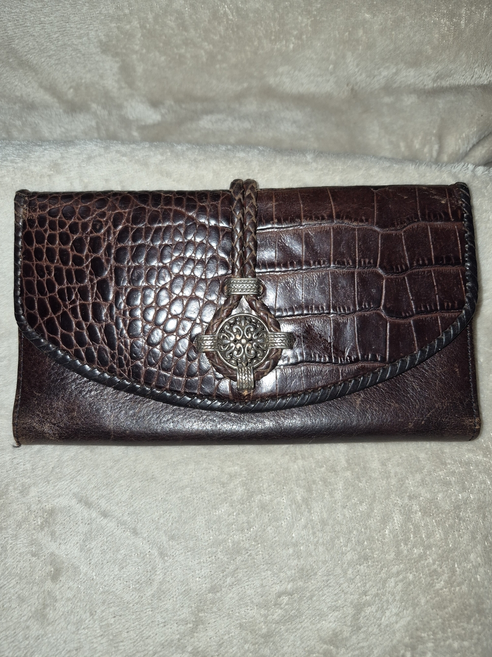 Brighton Brown Croc-Embossed Leather Wallet with Braided Strap